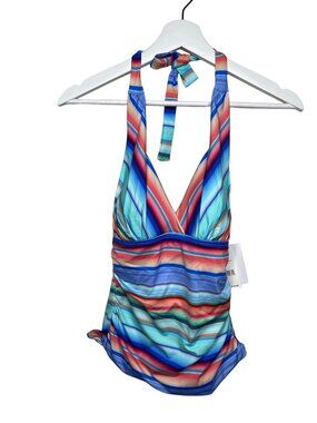 La Blanca Tankini Top Women’s 2 Blue Red Stripe Halter Slimming Swim